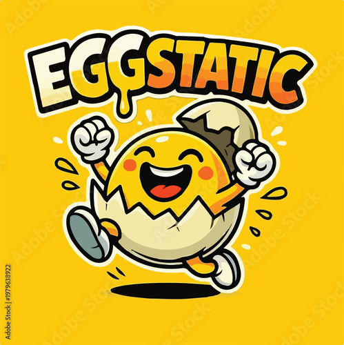 Joyful cracked cartoon egg character with arms and legs runs enthusiastically beneath the playful "EGGSTATIC" logo, celebrating happiness.