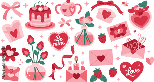 Cute romantic love elements set illustration, valentine collection with hearts gifts flowers and sweets