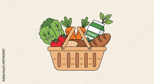 Fresh Organic Groceries in a Shopping Basket - Healthy Food Illustration