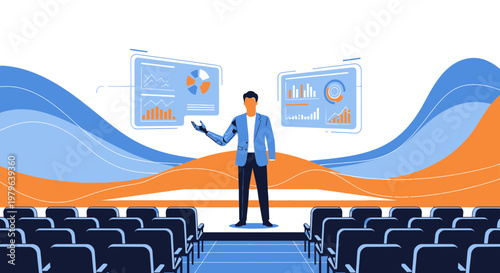 Futuristic presentation with robotic presenter showcasing data visualization in auditorium setting