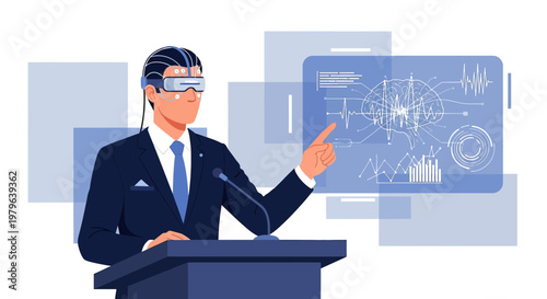 Futuristic presenter using augmented reality to showcase data and brainwave analysis