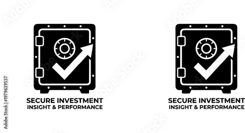   
Minimalist vector illustration featuring safe silhouette with circular lock and check mark, symbolizing secure investment, financial performance, trust, and negative space design.