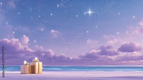 Dreamy Beachfront Evening with Golden Gift Boxes Under Starry Sky and Tranquil Ocean Horizon Artistic Background