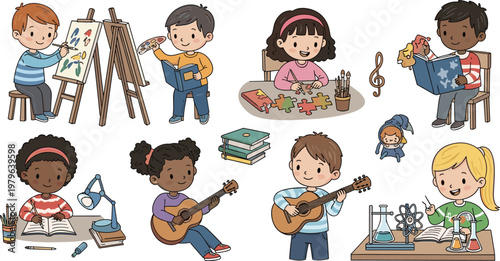 Children Engaged in Creative and Educational Activities Like Painting, Puzzles, Music, and Science in Classroom or Home Setting