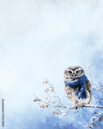 Winter Fantasy Scene with Owl Wearing Blue Scarf on Snowy Branch in Whimsical Watercolor Illustration Style