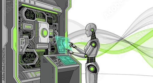 Futuristic robot interacting with advanced technology interface in a sterile laboratory setting
