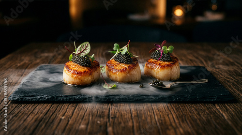 Premium Fine Dining Pan-Seared Scallops with Caviar and Microgreens on Black Slate with Dry Ice Smoke