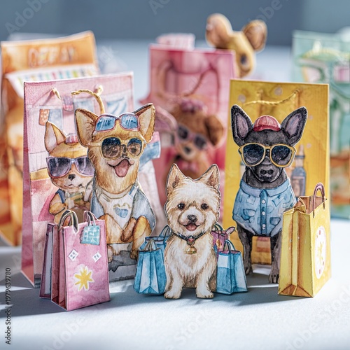 Chic Paper Crafted Dogs with Sunglasses Shopping Playfully Surrounded by Colorful Gift Bags in a Whimsical Art Style