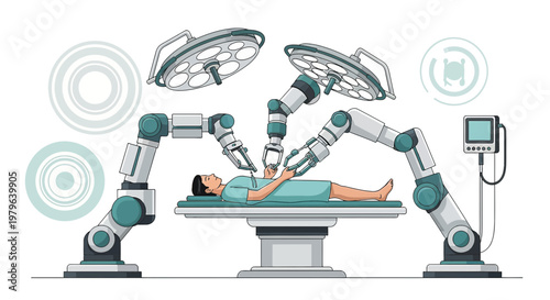 Futuristic robotic surgery setup, precision medicine and technology integration, innovative