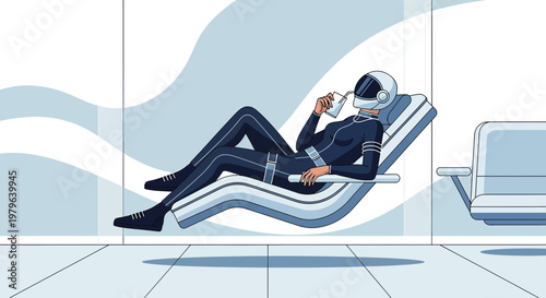 Futuristic scene depicting a relaxed astronaut taking a break on a floating lounge chair