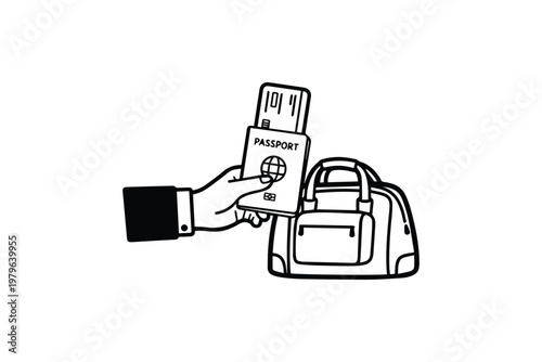 Hand Holding Passport and Boarding Pass with Travel Bag – International Travel Concept Illustration for Airport Security and Flight Journey Content
