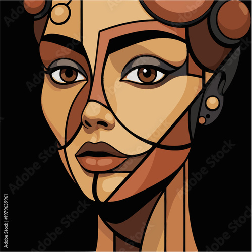 Geometric woman face portrait gold brown.
Abstract female portrait with geometric shapes in gold and terracotta colors for modern paper poster print.