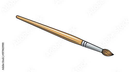 Classic wooden paintbrush with dark brown bristles is shown at an angle against a clean and plain white background for art.