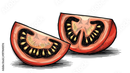Detailed and colorful illustration of two fresh tomato slices shows the seeds and juicy pulp in a realistic style for food.