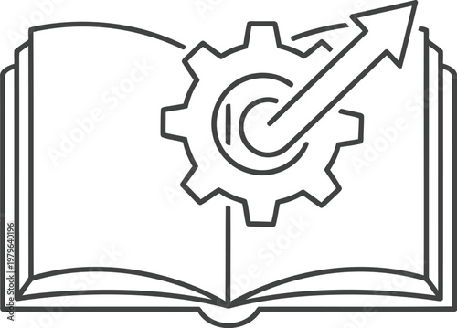 An open book with a gear symbolizing knowledge, innovation, and growth