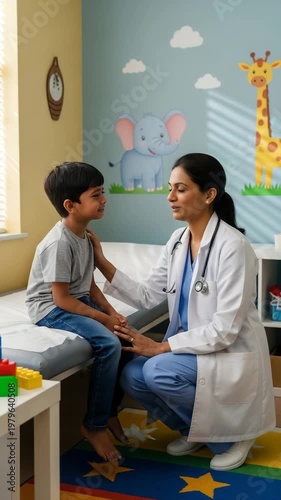 Female Physician Examining Young Boy in Pediatric Office