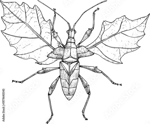 The spiny leaf insect is depicted in a monochrome coloring book style with sharp black ink outlines against a solid white background, showcasing its symmetrical, detailed line art that perfectly