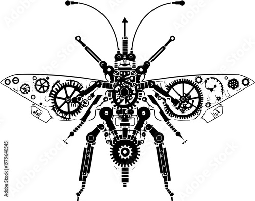 A symmetrical mechanical moth with gear joints and wire antennae stands out against a pristine white background, showcasing crisp contours and minimalist flat vector art with flawless sharp edges for