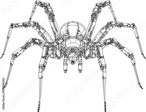 A symmetrical mechanical spider dynamic pose features copper wire joints against a pristine white background, showcasing perfect crisp contours in minimalist flat vector art with flawless sharp edges