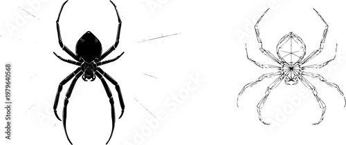 A symmetrical, net-casting spider with bold solid black legs and a perfect crisp web stands poised in the center of its minimalist flat vector art design against a pure white background