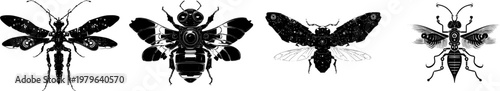 A symmetrical mechanical termite swarmer with robotic wings exhibits a bold solid black shape against a pure white background in minimalist flat vector art, showcasing flawless sharp edges for