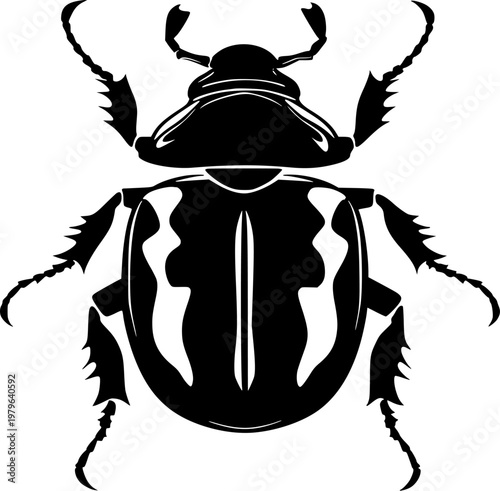 A symmetrical, pleasing fungus beetle with an oval form, bold solid black shape, perfect crisp contours, set against a pure white background in minimalist flat vector art, showcasing flawless sharp
