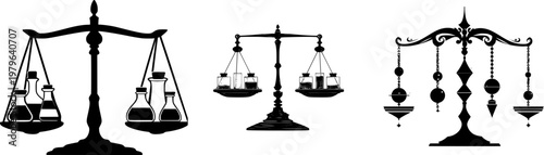 A vintage-style balance scale with chemistry weights is depicted in a minimalist flat vector art style against a pure white background, showcasing perfect crisp contours and flawless sharp edges for