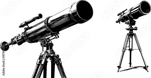 A vintage telescope stands on a tripod, its stark black silhouette against the stark white backdrop, exuding an air of timeless scientific exploration