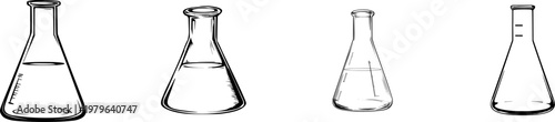 A volumetric flask with a single precise measurement is depicted in black and white, showcasing its sharp black outline against a solid white background