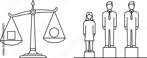 Balancing justice with equality and human figures on scales and pedestals.