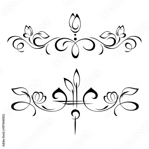 two separate symmetrical ornaments with stylized flowers, leaves and vignettes; graphic decor