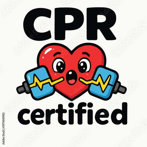 Cartoon heart character holding medical defibrillator equipment to signify being fully trained and qualified in emergency life saving cpr procedures