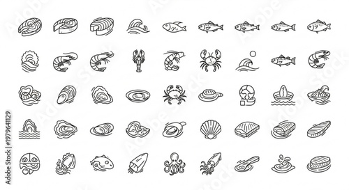 An illustration depicts various seafood and sea creatures in a simple line drawing style on a white background.