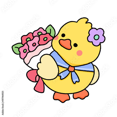 Cute Yellow Duck Kawaii Clipart Set – Hand Drawn Cartoon Duck with Flowers and Accessories