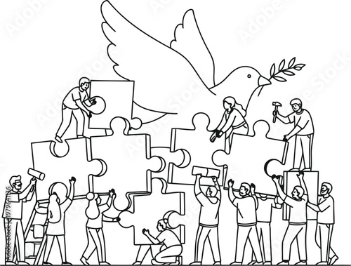 A diverse group of people collaboratively building a mountain of dreams and aspirations