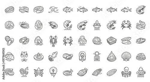 Various seafood and ocean creatures illustrated in a graphic style
