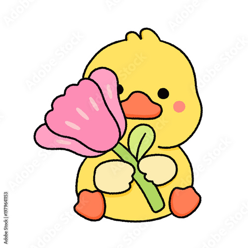 Cute Yellow Duck Kawaii Clipart Set – Hand Drawn Cartoon Duck with Flowers and Accessories