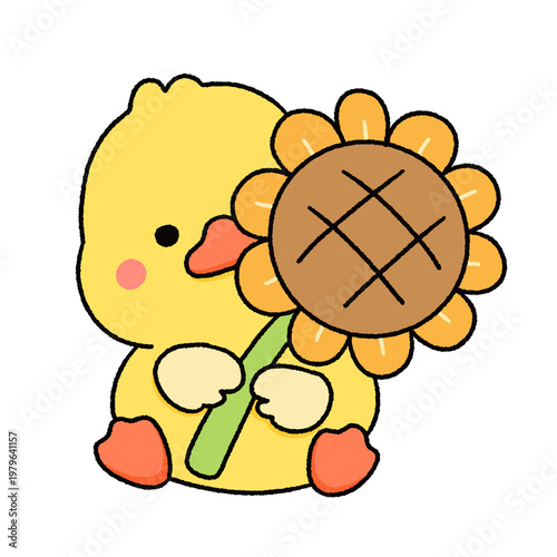 Cute Yellow Duck Kawaii Clipart Set – Hand Drawn Cartoon Duck with Flowers and Accessories