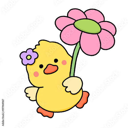 Cute Yellow Duck Kawaii Clipart Set – Hand Drawn Cartoon Duck with Flowers and Accessories