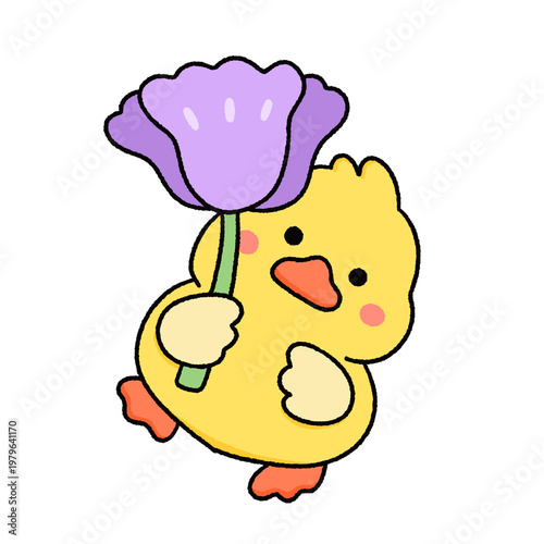 Cute Yellow Duck Kawaii Clipart Set – Hand Drawn Cartoon Duck with Flowers and Accessories