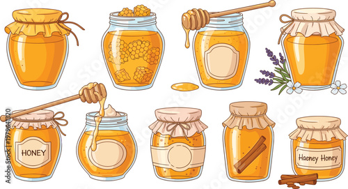Illustration of Honey Jars, Honey Dippers, Honeycomb, and Labels with Lavender for Organic Honey Product Display