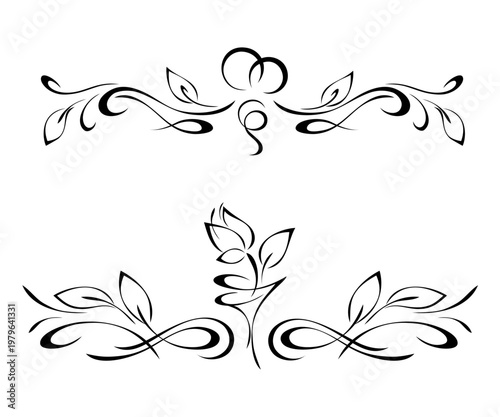 two separate symmetrical ornaments with stylized flowers, leaves and vignettes; graphic decor