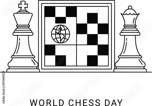 Chess pieces celebrate the global recognition of world chess day on a checkered board.