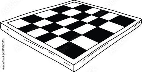 A three-dimensional perspective view of a classic black and white checkerboard pattern.