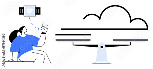 Cloud computing, wearable tech, healthcare innovation, digital transformation, data management, balance of technology. Person interacting with wearable device and cloud system scales. Wearable tech