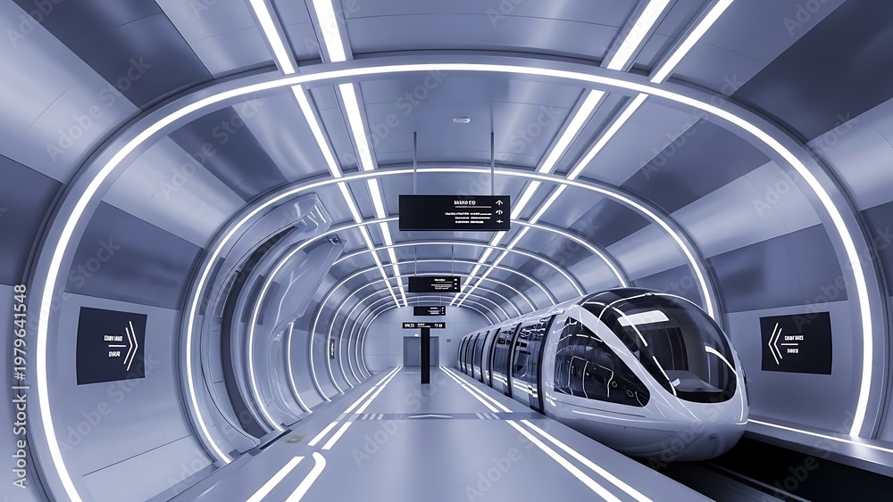 Obraz premium A futuristic, high-speed train awaits passengers in a modern, brightly lit underground subway station, showcasing advanced public transportation technology for urban mobility and efficient travel.