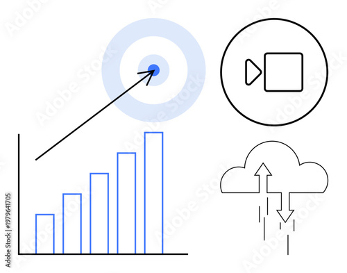 Data visualization. Growth chart highlighting upward trends, cloud computing with file upload, and video streaming. Data visualization supports analytics, marketing, technology, business, and media