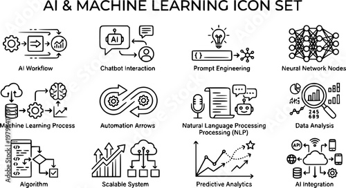 AI workflow black line icons set, chatbot, neural network, automation, machine learning outline vector, tech UI symbols, isolated on white background, editable stroke