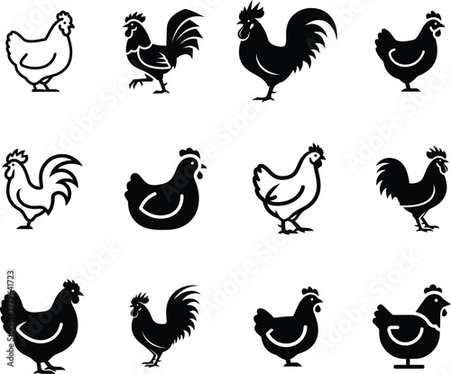 black and white chicken and rooster silhouettes on white background