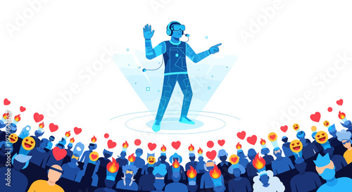Man performing on stage with audience and heart symbols around